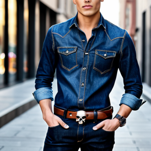 Home 22 A confident individual, fully clothed in a modest, stylish denim shirt and well-fitting dark wash jeans, stands in a natural pose against a blurred, contemporary urban street background. The central focus is an Alexander McQueen-inspired skull belt, featuring a high-quality leather strap and a meticulously detailed, artistic metal skull buckle, representing a bold personal statement. The image is captured with professional photography, showcasing impeccable details and natural lighting. Perfect anatomy, correct proportions, well-formed hands, proper finger count, high resolution, appropriate attire, safe for work, appropriate content, family-friendly.