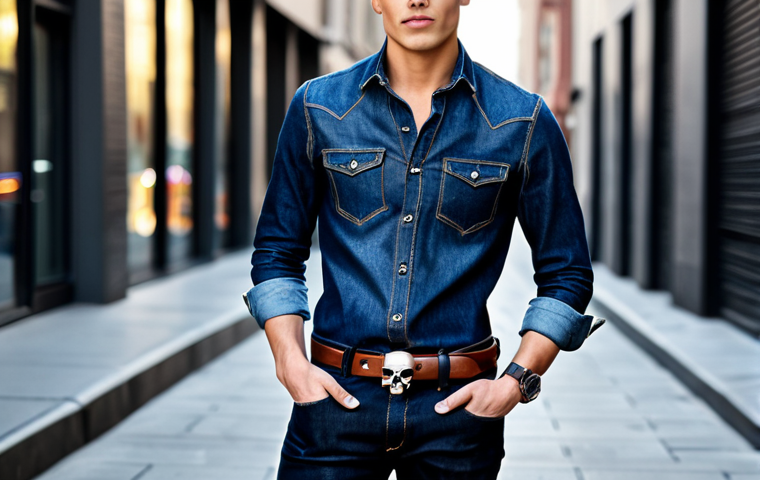 A confident individual, fully clothed in a modest, stylish denim shirt and well-fitting dark wash jeans, stands in a natural pose against a blurred, contemporary urban street background. The central focus is an Alexander McQueen-inspired skull belt, featuring a high-quality leather strap and a meticulously detailed, artistic metal skull buckle, representing a bold personal statement. The image is captured with professional photography, showcasing impeccable details and natural lighting. Perfect anatomy, correct proportions, well-formed hands, proper finger count, high resolution, appropriate attire, safe for work, appropriate content, family-friendly.