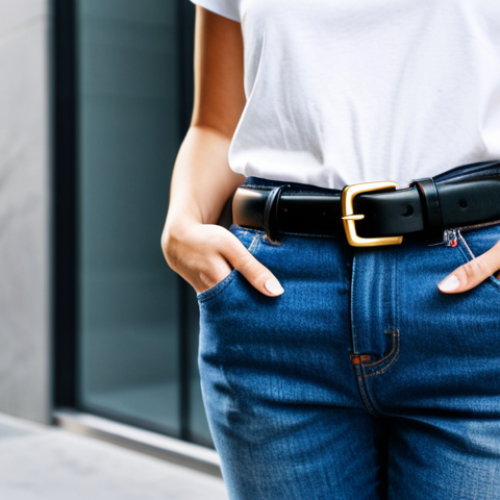Home 21 Prada Belt - Modern Simplicity**
A woman in stylish jeans and a simple white t-shirt, fully clothed, showcasing a Prada belt with a minimalist design. Background: a brightly lit, modern urban setting with clean lines. Perfect anatomy, natural pose, well-formed hands, proper finger count, high-resolution, professional photography, safe for work, appropriate content, modest, family-friendly.
**