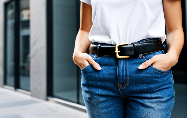 Prada Belt - Modern Simplicity**

A woman in stylish jeans and a simple white t-shirt, fully clothed, showcasing a Prada belt with a minimalist design. Background: a brightly lit, modern urban setting with clean lines. Perfect anatomy, natural pose, well-formed hands, proper finger count, high-resolution, professional photography, safe for work, appropriate content, modest, family-friendly.

**
